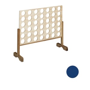 XXL Vier Gewinnt Spiel aus Holz, 72x82,5x26cm, mit blauen und roten Spielsteinen.