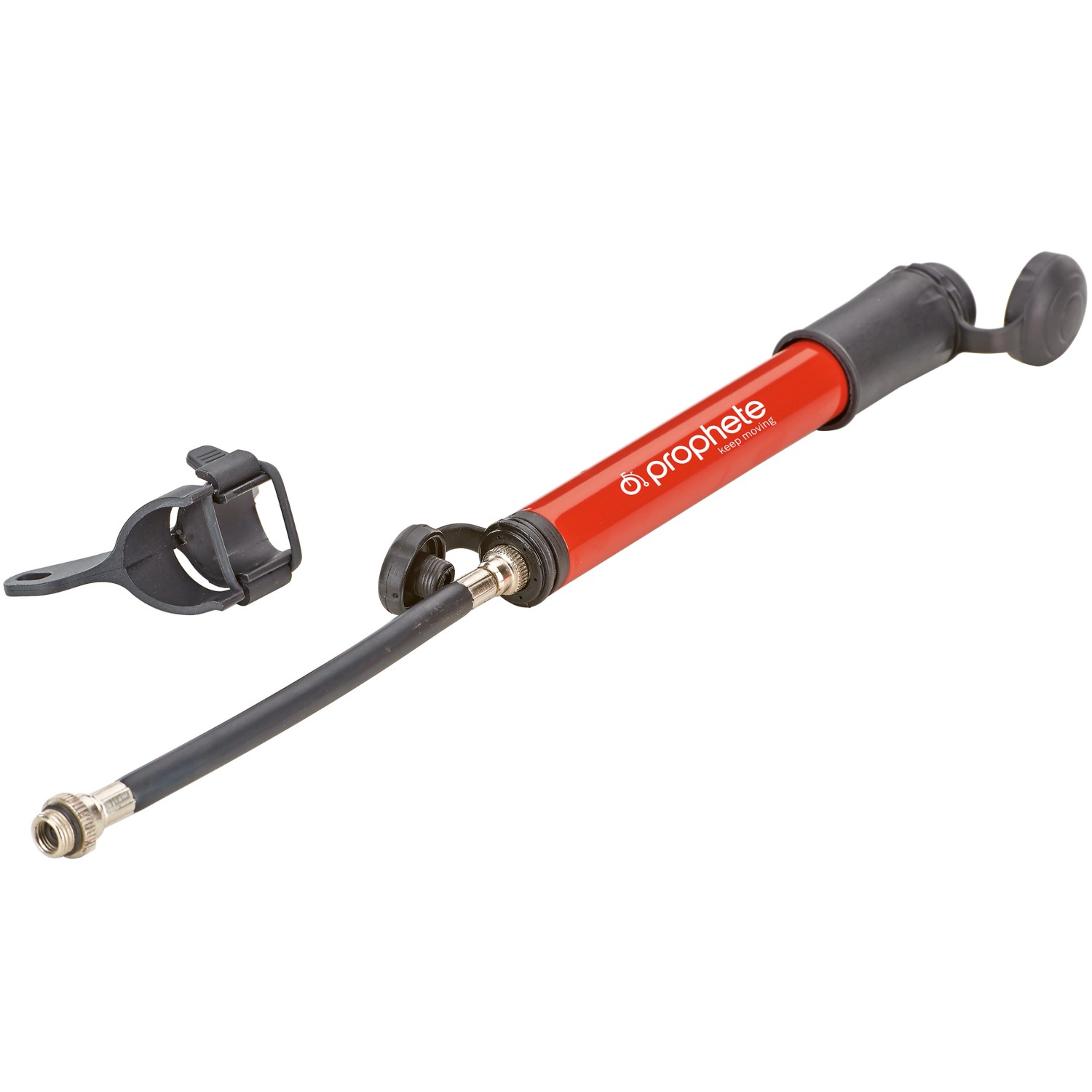 Prophete Mini-Luftpumpe für Fahrradreifen, rot, mit Schlauch und Halterung.