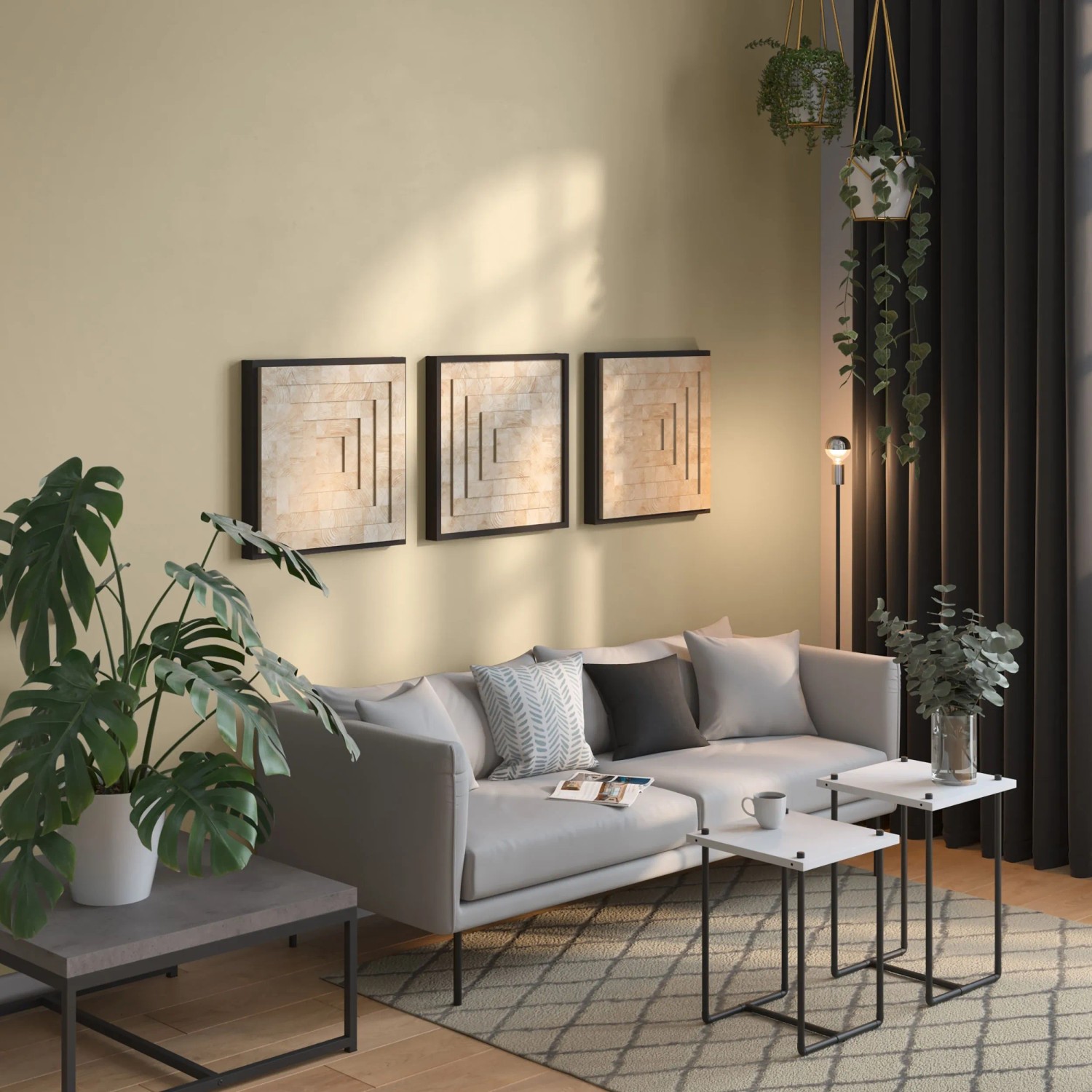 Wohnzimmer mit salbeifarbener Wand, dekoriert mit CREATE! by OBI Wandfarbe Lieblingsfarbe Fred Salbeibeige Matt.
