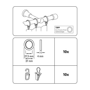 Abbildung von Gardinia Gardinenringen mit Gleiteinlage, 10er-Set, Edelstahl-Optik, für Stilgarnituren.