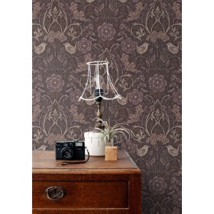 ESTAhome Tapete Blumen und Vögel Aubergineviolett 53 cm x 10.05 m