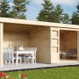 Karibu Holz-Gartenhaus Sölve, unbehandelt mit Flachdach und Anbau, im Garten.