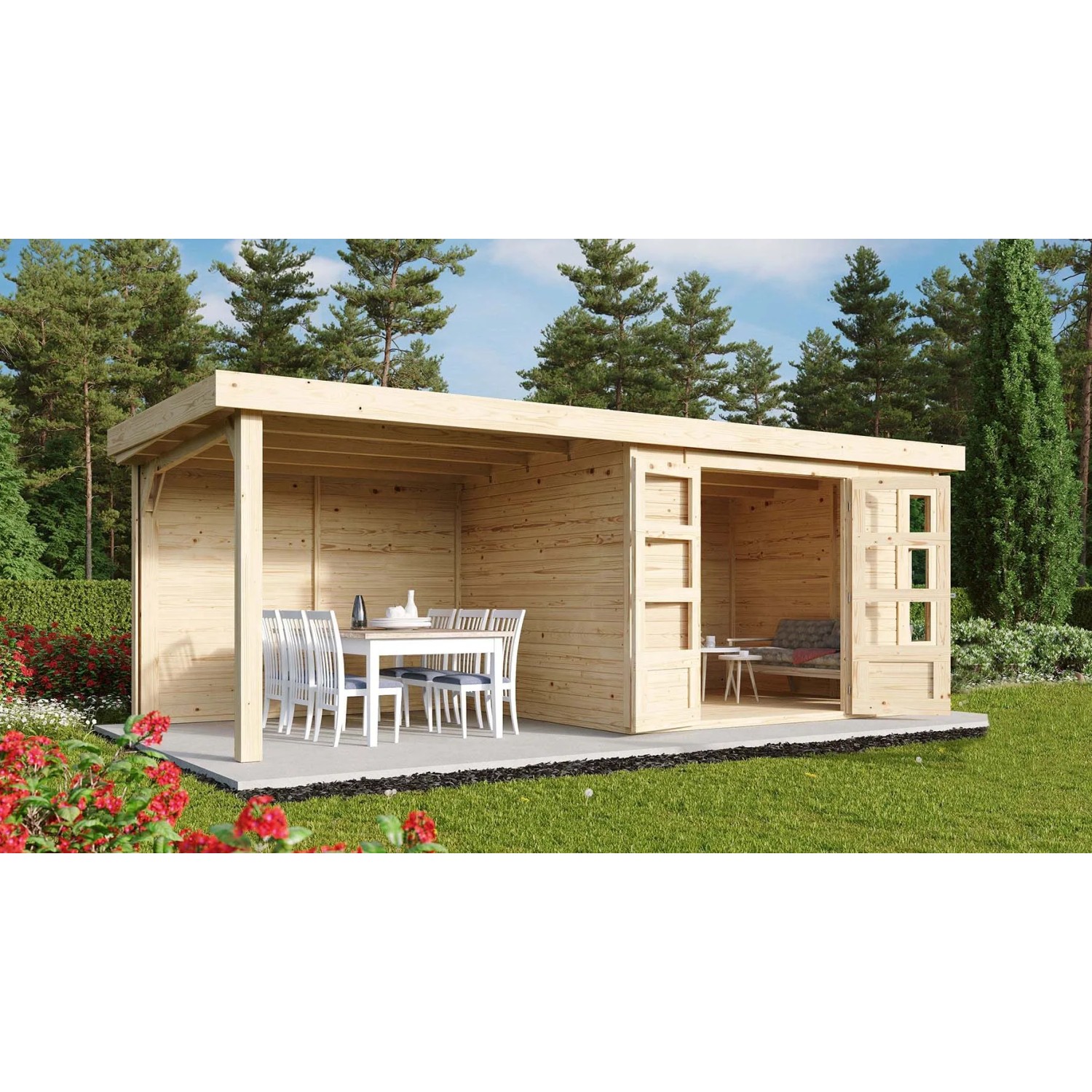 Karibu Holz-Gartenhaus Sölve, unbehandelt mit Flachdach und Anbau, im Garten.