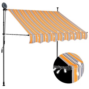 Gelb-blau gestreifte, einziehbare Markise mit LED-Beleuchtung und Solarpanel für Terrasse/Balkon. Handbetrieben.