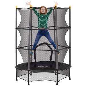 Schwarzes HOMCOM Kindertrampolin mit Sicherheitsnetz, Kind springt im Trampolin.