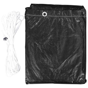 Schwarze vidaXL Gartenmöbel-Abdeckung aus PE, gefaltet, mit Öse und weißem Befestigungsseil. Schutzhülle für Möbel.