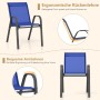 Stapelbarer blauer Gartenstuhl aus Textilene mit dunklem Metallgestell, ergonomischer Rückenlehne und Armlehnen.