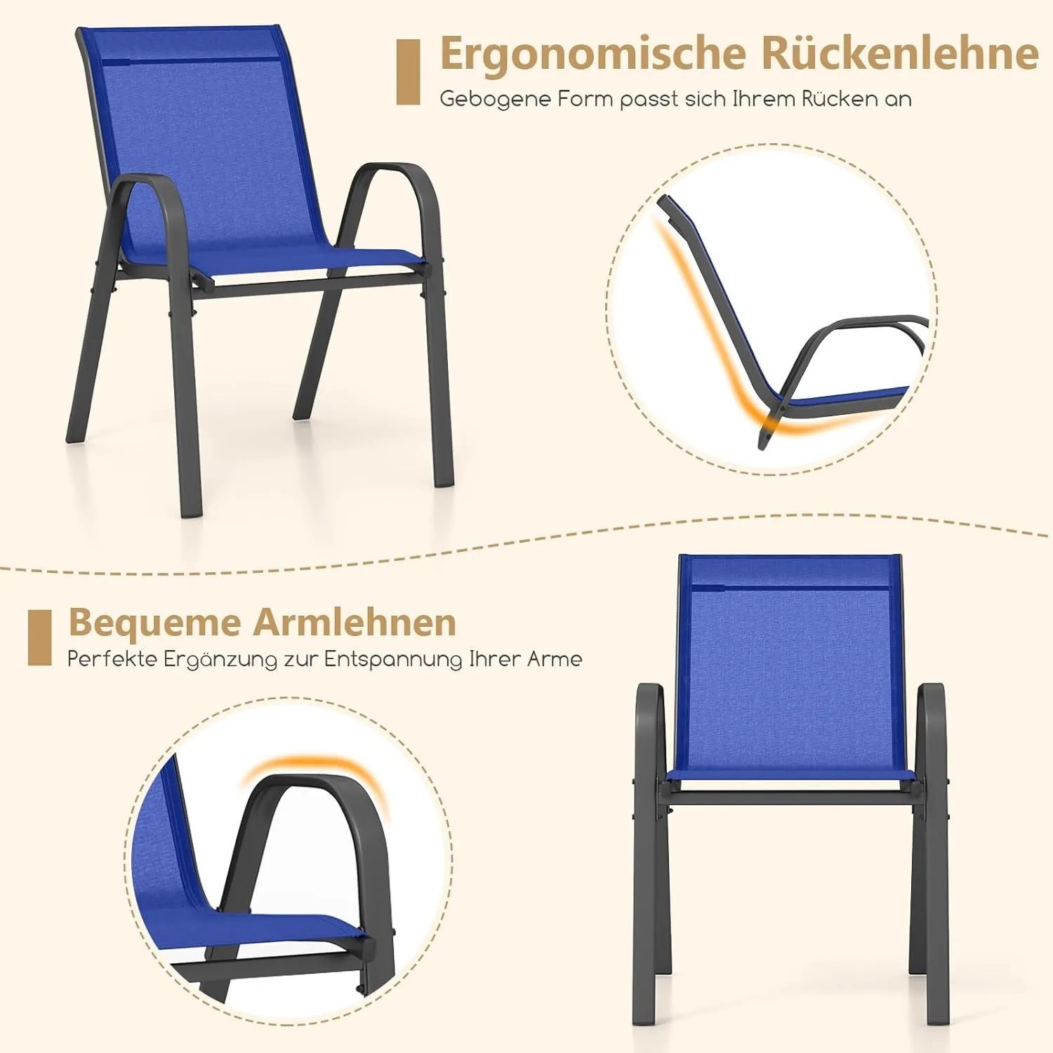 Stapelbarer blauer Gartenstuhl aus Textilene mit dunklem Metallgestell, ergonomischer Rückenlehne und Armlehnen.