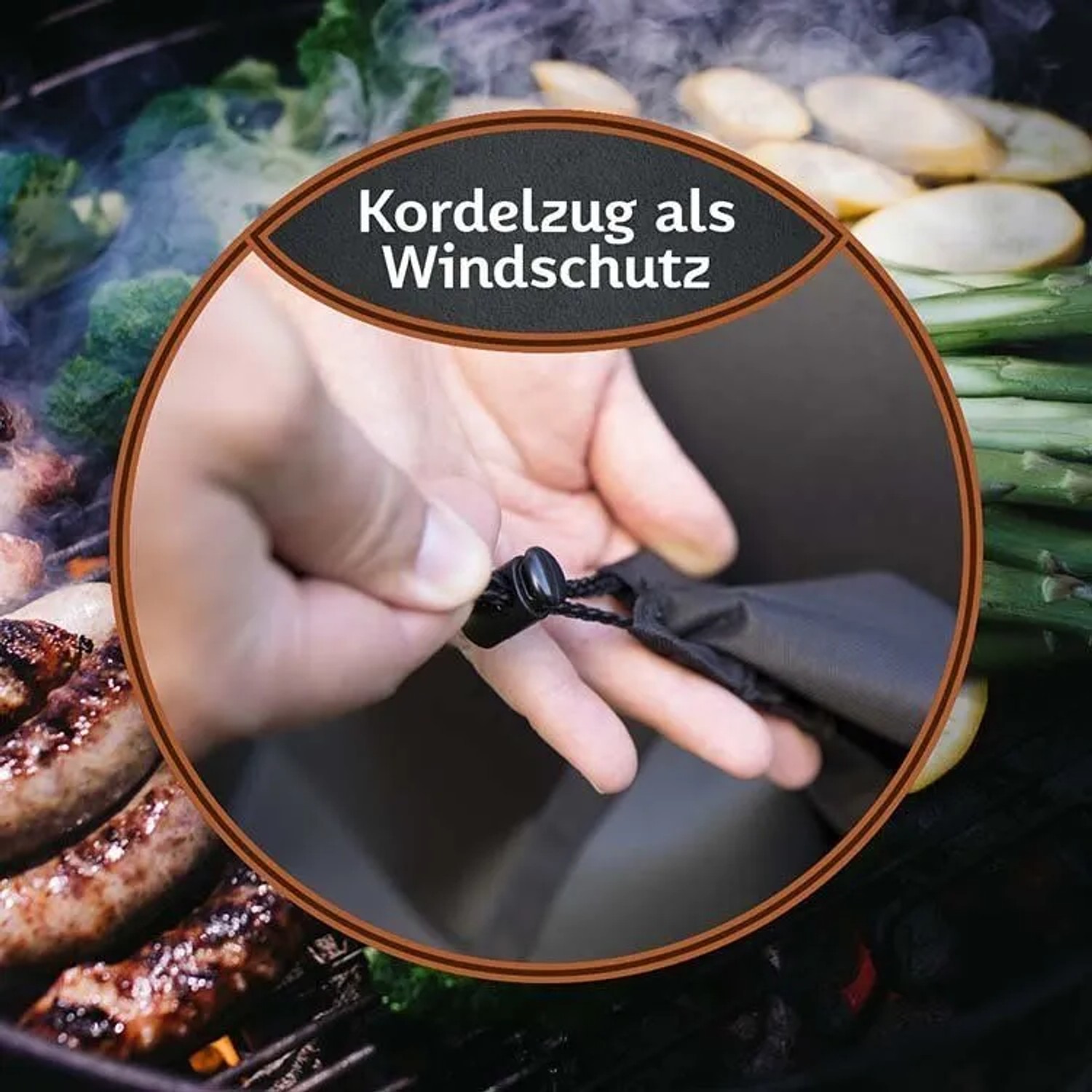 Detailaufnahme: Kordelzug der schwarzen TTL GARDEN Grillabdeckung als Windschutz.
