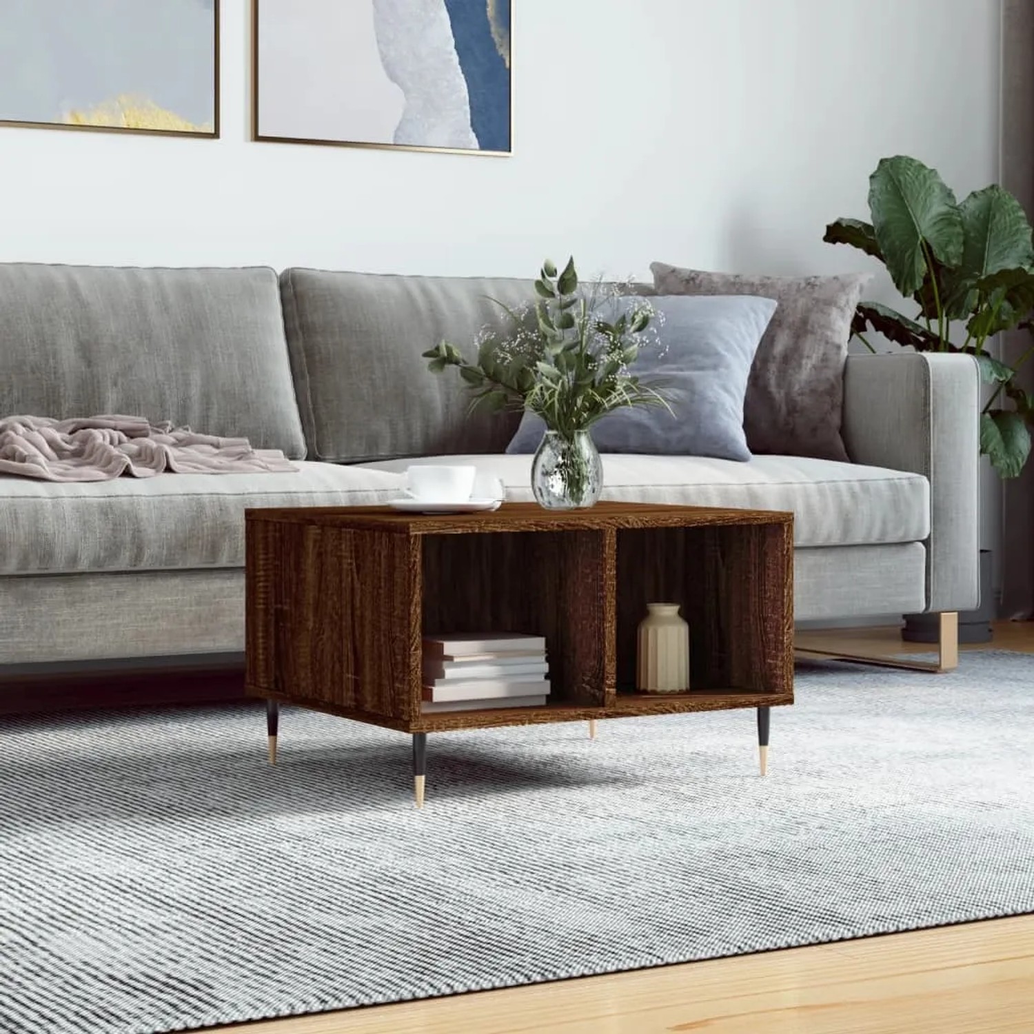 vidaXL Couchtisch, braune Eichen-Optik, mit Fächern und Metallbeinen. Moderner Tisch für Wohnzimmer.