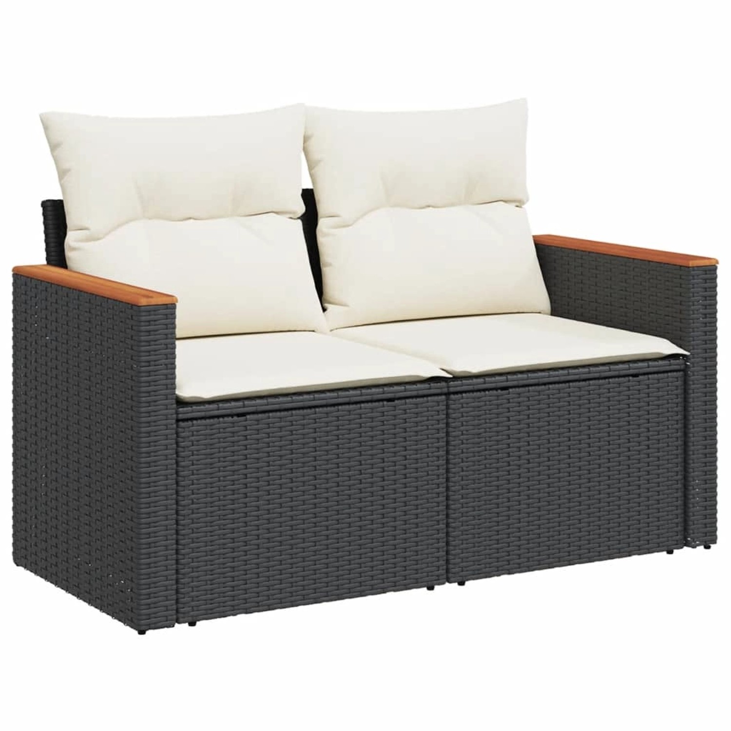 Schwarze 9-tlg. vidaXL Garten-Sofagarnitur aus Polyrattan mit cremeweißen Kissen.