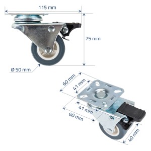 HMF 6720 Doppelte Schwerlastrollen Bremse Polyurethan 4 Stück 50 mm bis 400 kg Grau