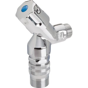 Gebogenes Waschgeräte-Ventil mit Schlauchverschraubung aus verchromtem Messing.