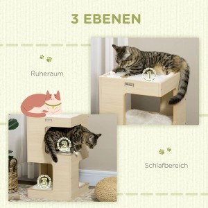 PawHut Katzenhöhle mit 3 Ebenen und Katzen.