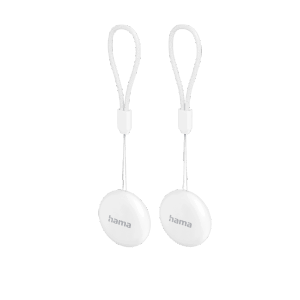 Zwei weiße Hama Schlüsselfinder mit Schlaufe für Android "Mein Gerät finden" App.