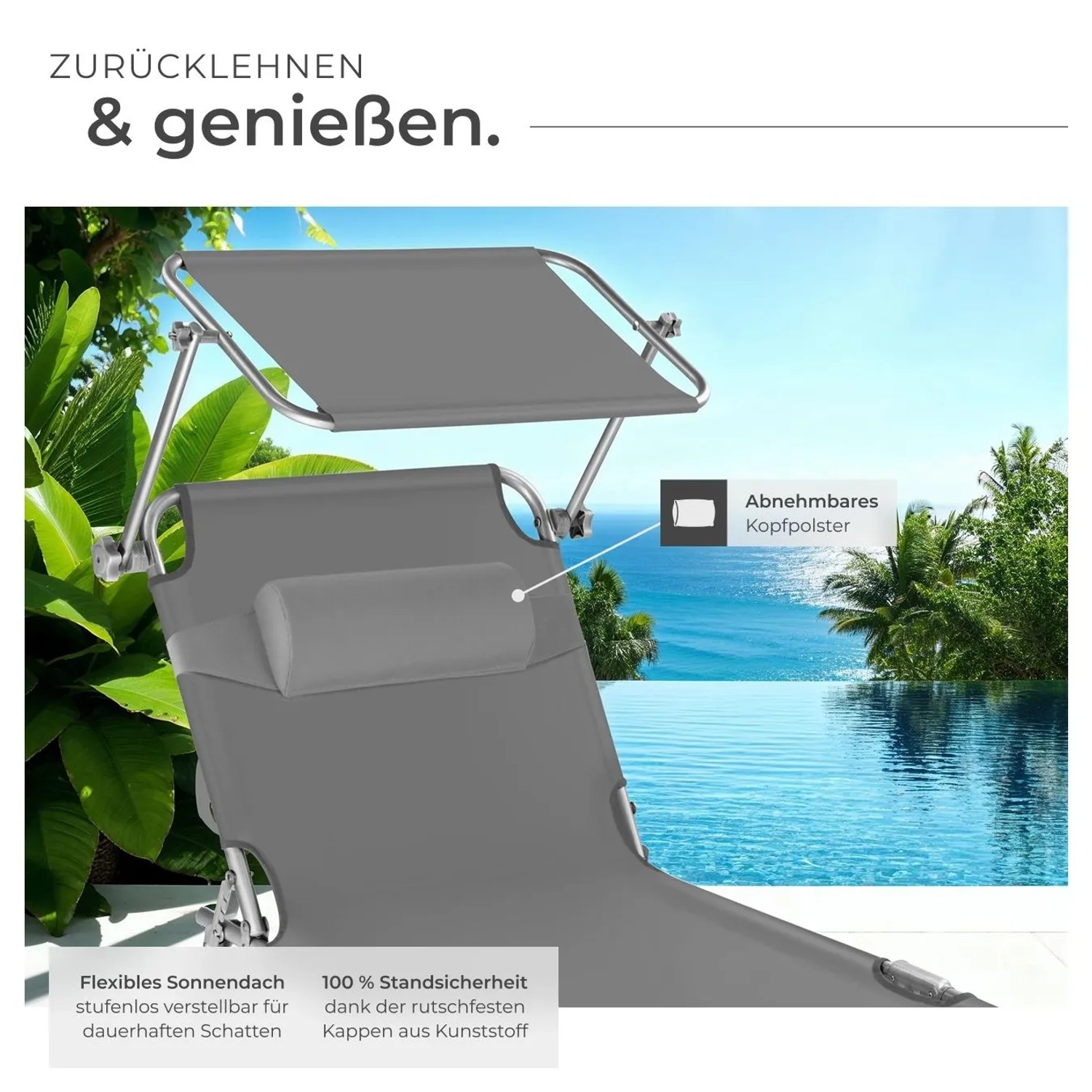 2er Set graue Sonnenliegen mit Sonnendach und Kopfpolster von Tectake.
