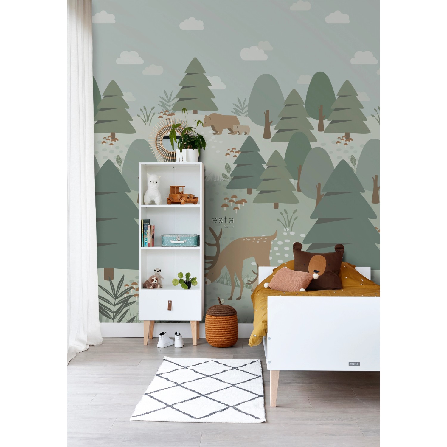 ESTAhome Fototapete Wald mit Tieren im Kinderzimmer, grüne Vliestapete.