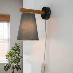 EASYLIGHT Wandlampe Mit Stecker Kabel Schalter E27 Grau Skandinavisch Stoff Holz