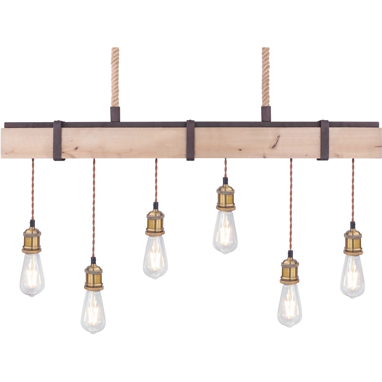 Pendelleuchte Mucha mit sechs Lampen an Holzbalken und Seilaufhängung.