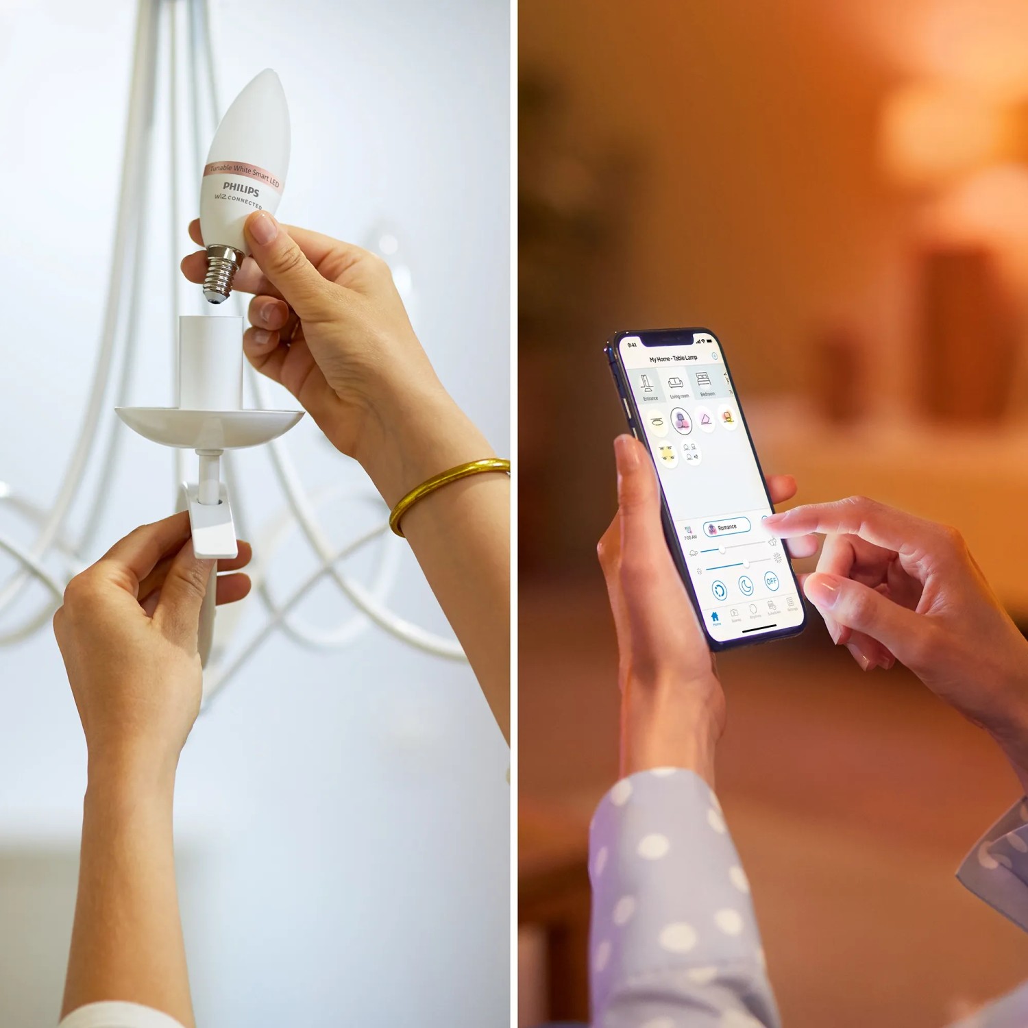 Philips WIZ E14 Kerzen Leuchtmittel wird in Lampe geschraubt und per App gesteuert.