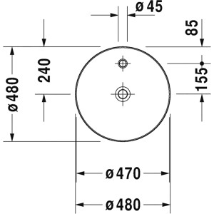 Technische Zeichnung: Duravit Cape Cod Aufsatzwaschbecken, rund, 48 cm, mit Maßen und Armatureninsel.
