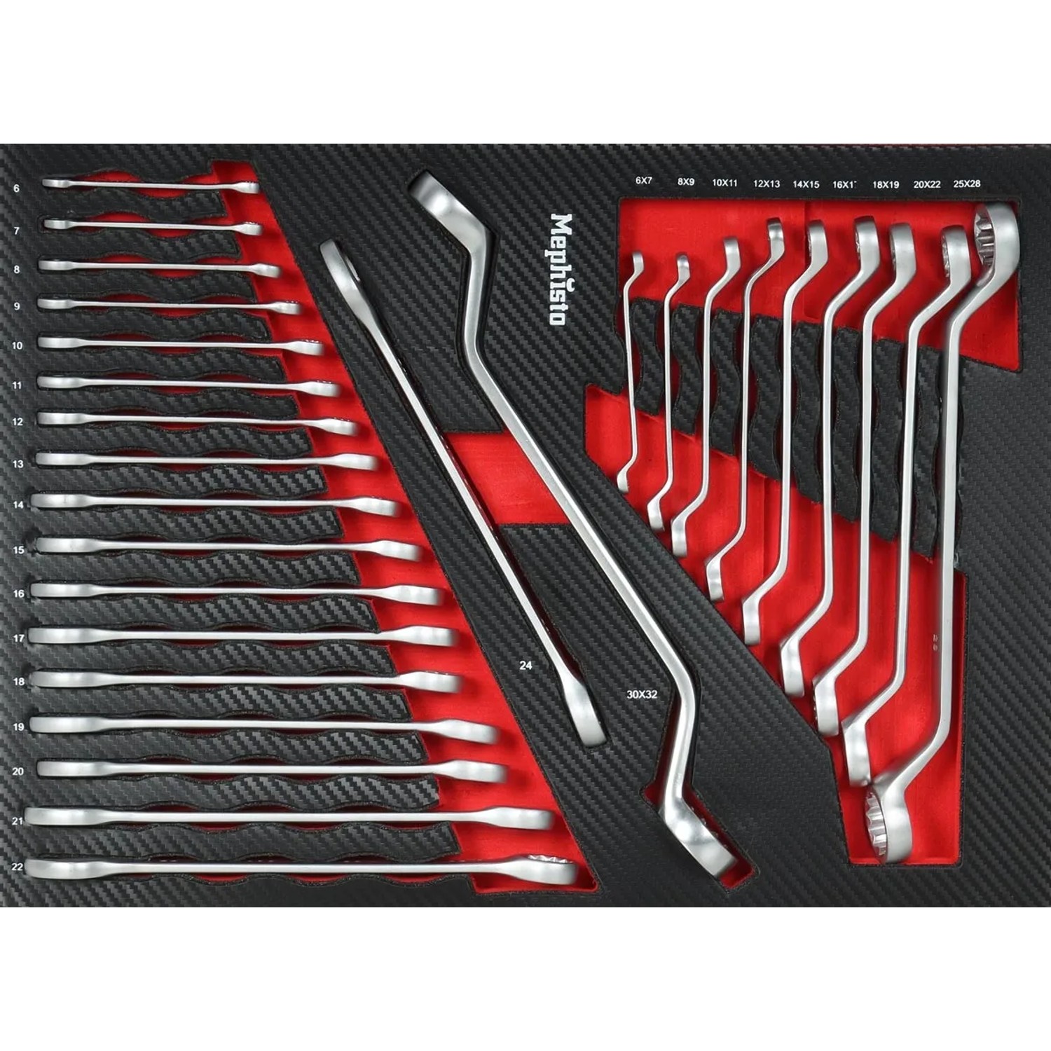 Mephisto Ringschlüssel-Set im Werkzeugwagen: Sortierte Maulschlüssel in Carbon-Optik Einlage.
