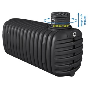 Schwarzer Promo Erdtank 4100 L mit Schachtverlängerung, drehbarem Domschacht und Anschlussbohrungen.