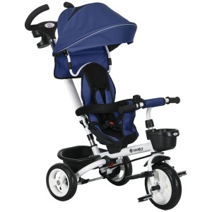 HOMCOM 6 in 1 Dreirad mit Schubstange, blau und weiß. Kinderfahrrad mit Sonnendach und Sicherheitsgurt.