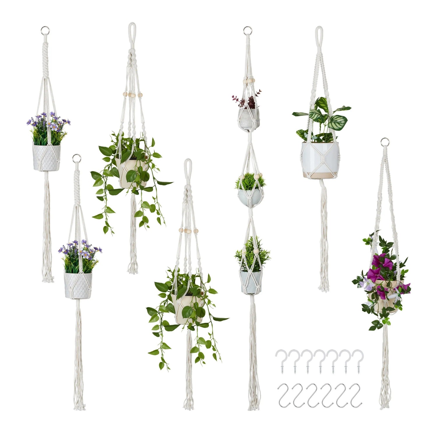 Relaxdays Blumenampel 7er Set Baumwolle Metall Holz Creme Natur mit Haken 155 cm 120 g