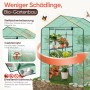 Grünes begehbares Foliengewächshaus mit Regalen, Pflanzen, Insektenschutz und Steildachentwässerung für den Garten.