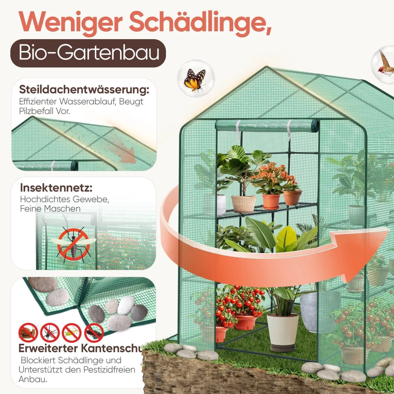 Grünes begehbares Foliengewächshaus mit Regalen, Pflanzen, Insektenschutz und Steildachentwässerung für den Garten.