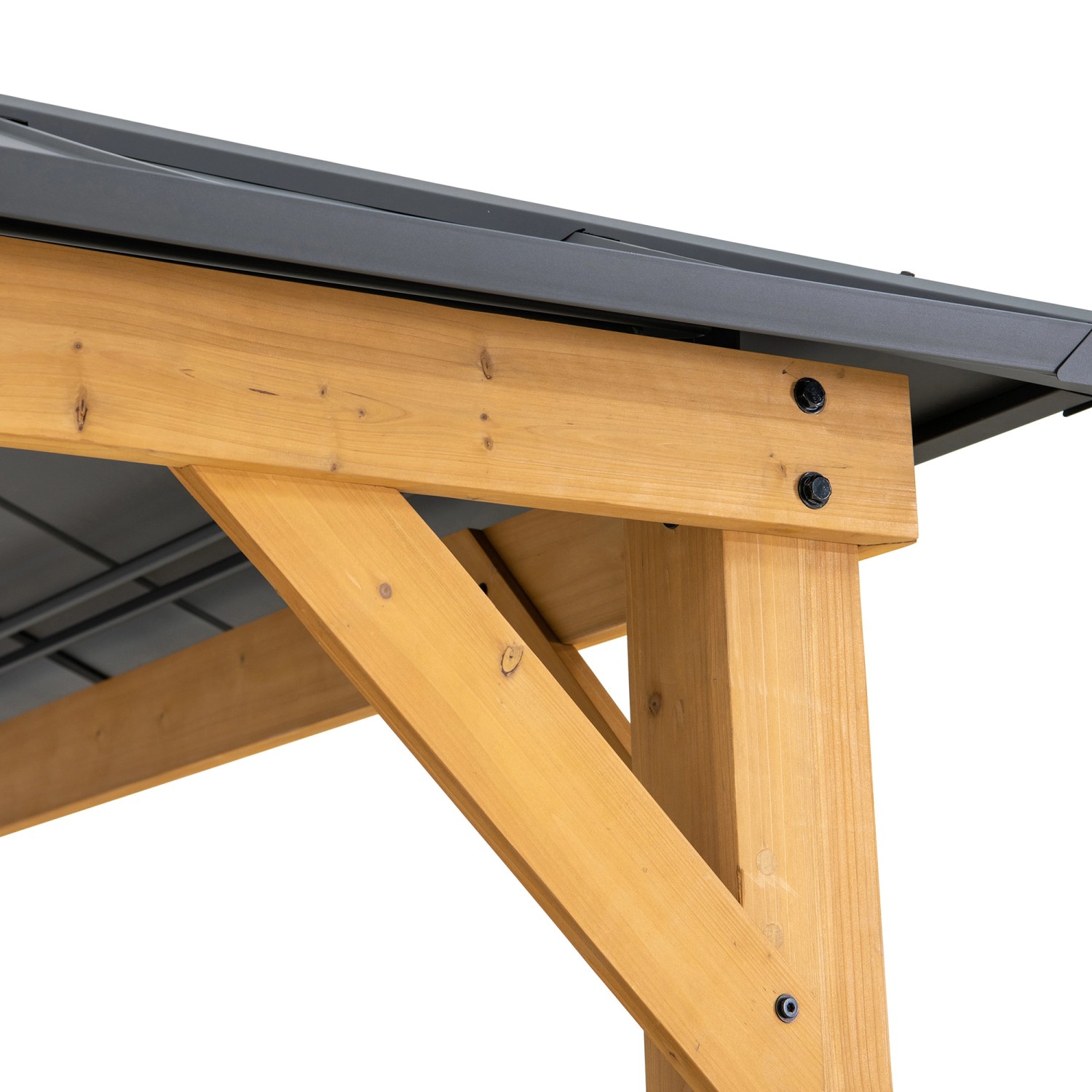 Detailansicht des Sunjoy Gazebo Trivor: Zedernholz-Rahmen mit anthrazitfarbenem Dach.