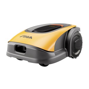 Stiga Rasenroboter A 1500 in Gelb/Anthrazit mit Akku für kabelloses Mähen.