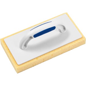 LUX Fliesenwaschbrett Comfort, 140x280mm, Kunststoff, mit gelbem Schwamm und weißem Griff.