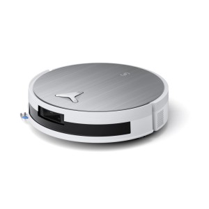 ECOVACS DEEBOT X11 PRO OMNI Saug- und Wischroboter, weiß mit silberner Oberfläche, von der Seite. Moderner Staubsauger.