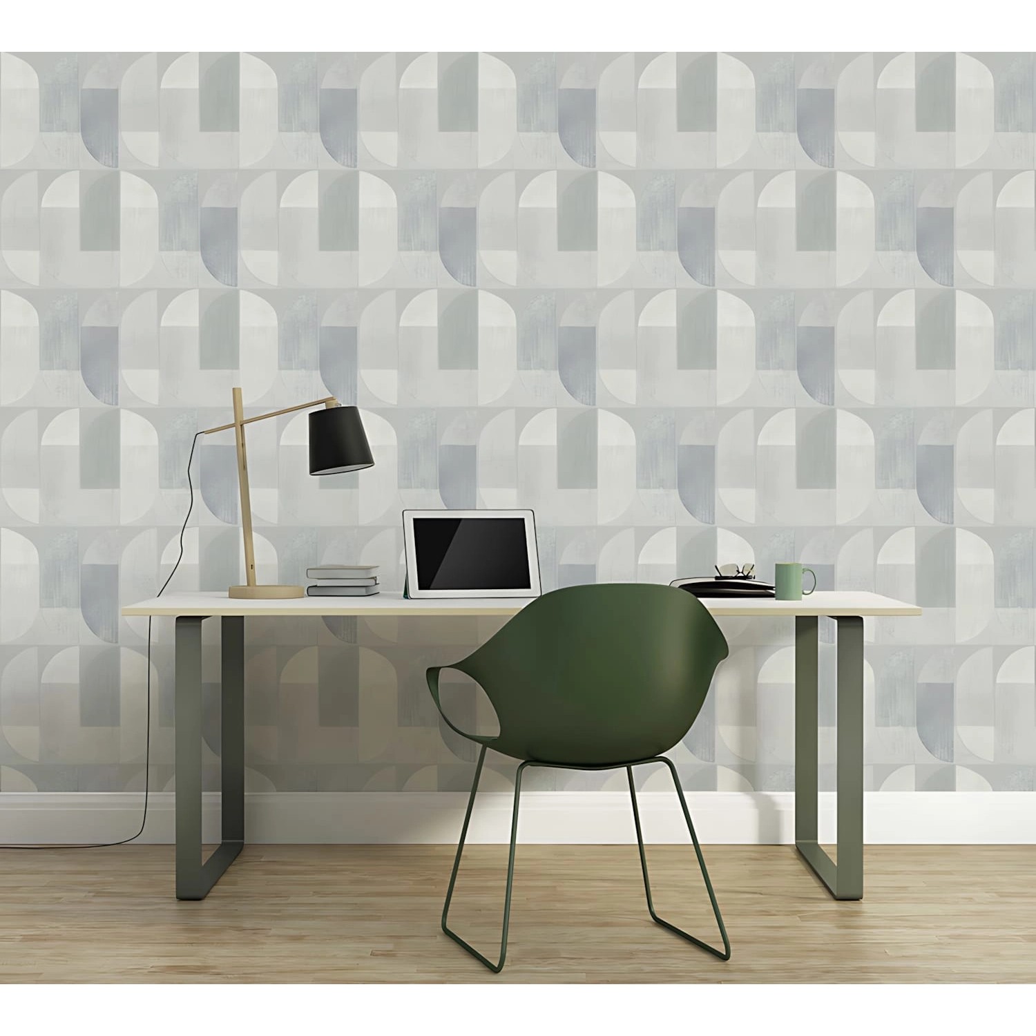 PROFHOME Grafik Tapete Grau mit geometrischem Muster im Arbeitszimmer.