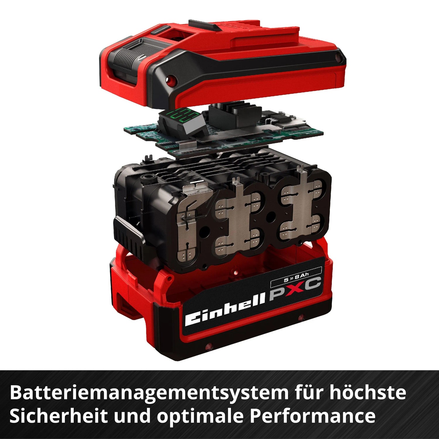 Einhell 18V 5-8Ah PXC Plus Akku, zerlegt, zeigt Batteriemanagementsystem & Zellen für Sicherheit & Leistung.