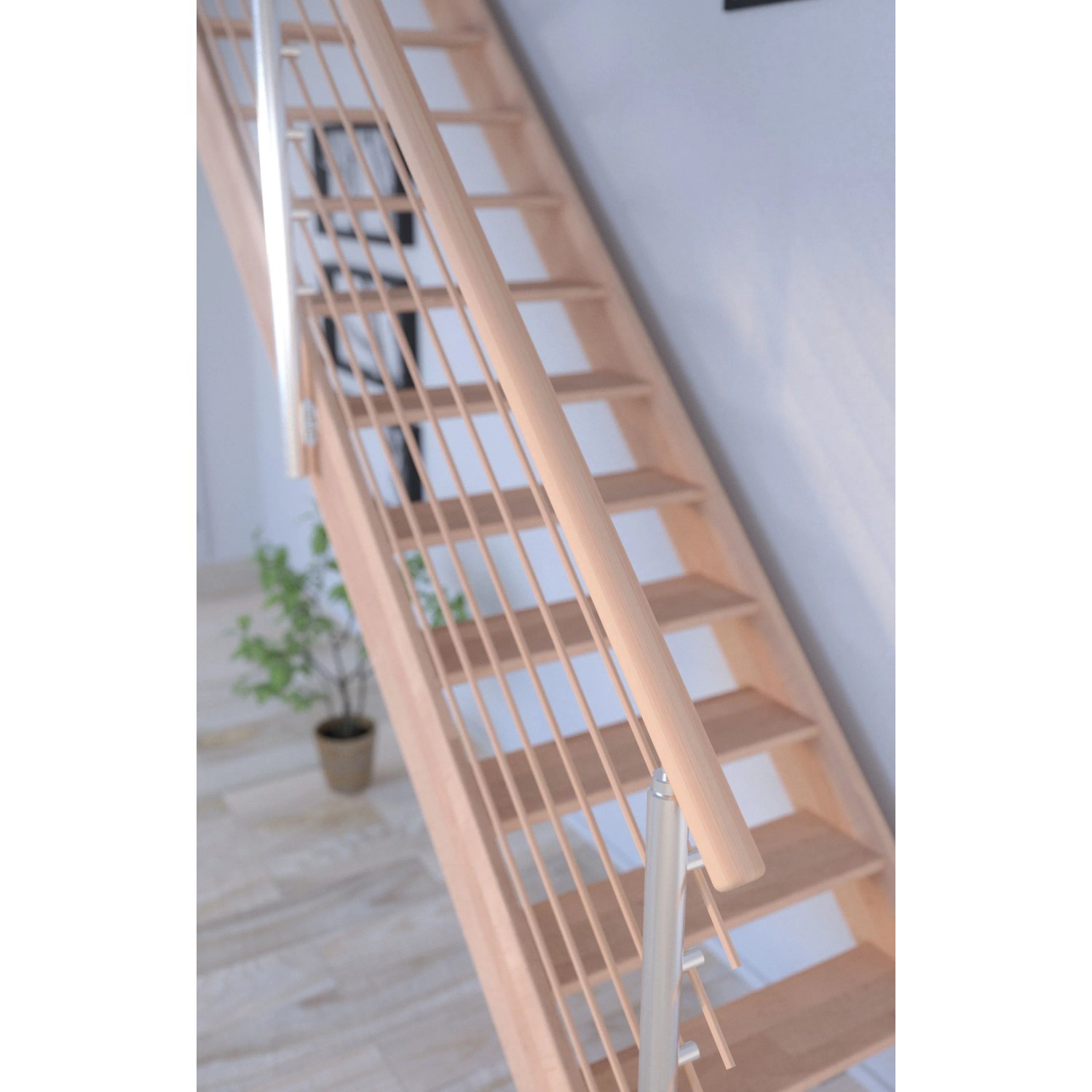 Helle Holztreppe Mykonos Pro mit Design-Geländer und Holzstäben, gewendelt, aus Buche (FSC®)