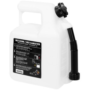 Texas Mix Kanister für 2-Takt-Gemisch, weißer Behälter mit schwarzem Einfüllstutzen.