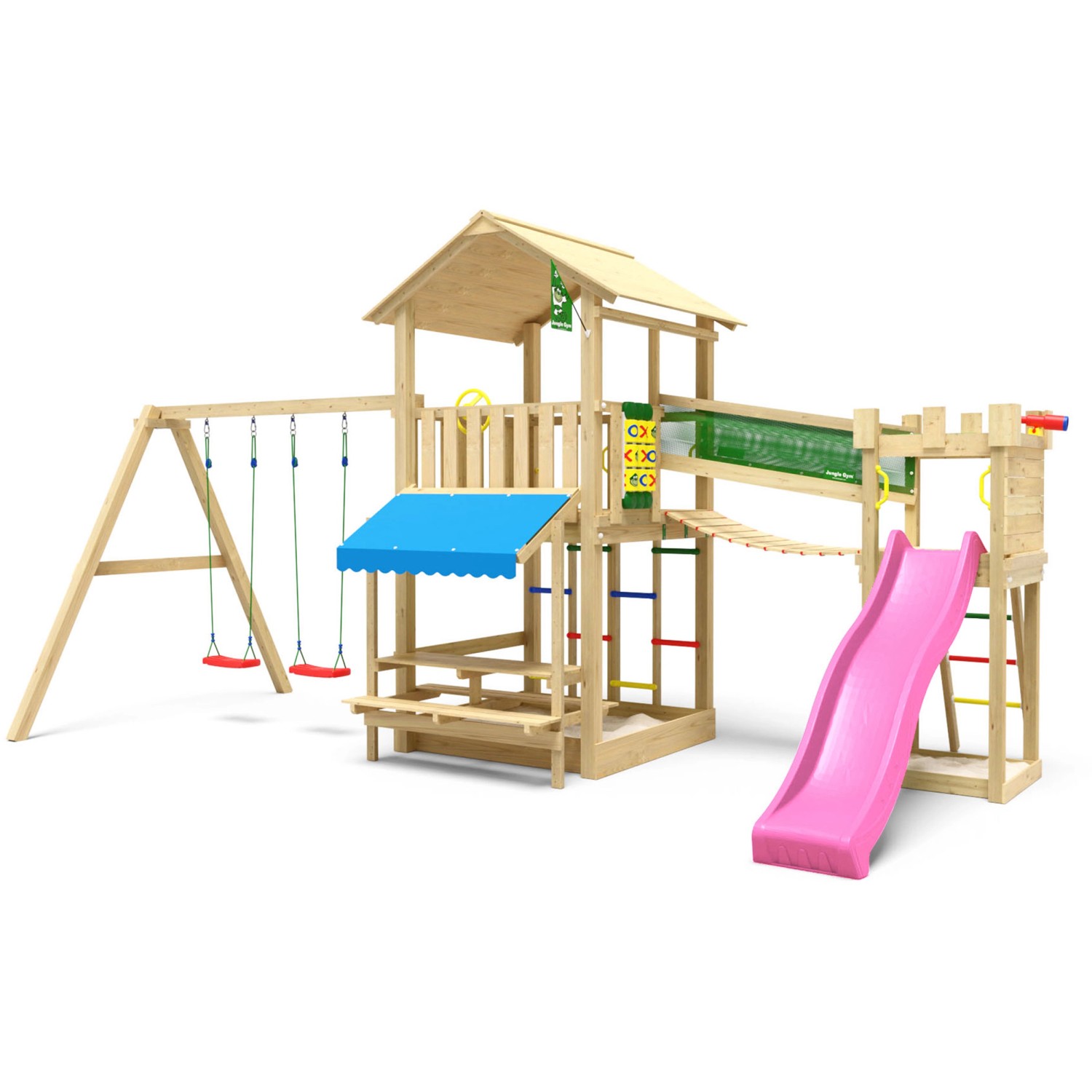 Jungle Gym Spielturm Cascade Holz Picnic m. 2 Schaukeln Brücke Rutsche Fuch günstig online kaufen