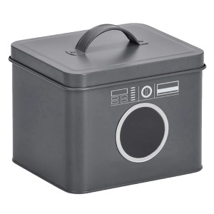 Anthrazitfarbene Waschpulverbox von Zeller Present aus Metall mit Waschmaschinen-Design und Tragegriff.