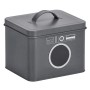 Anthrazitfarbene Waschpulverbox von Zeller Present aus Metall mit Waschmaschinen-Design und Tragegriff.