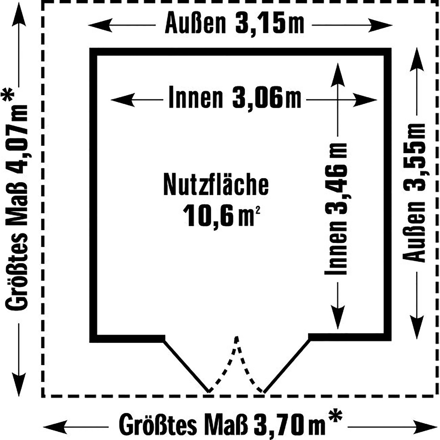 Grundriss des Grosfillex Gartenhauses Deco Domizil 11: Maße und Nutzfläche (10,6 m²).