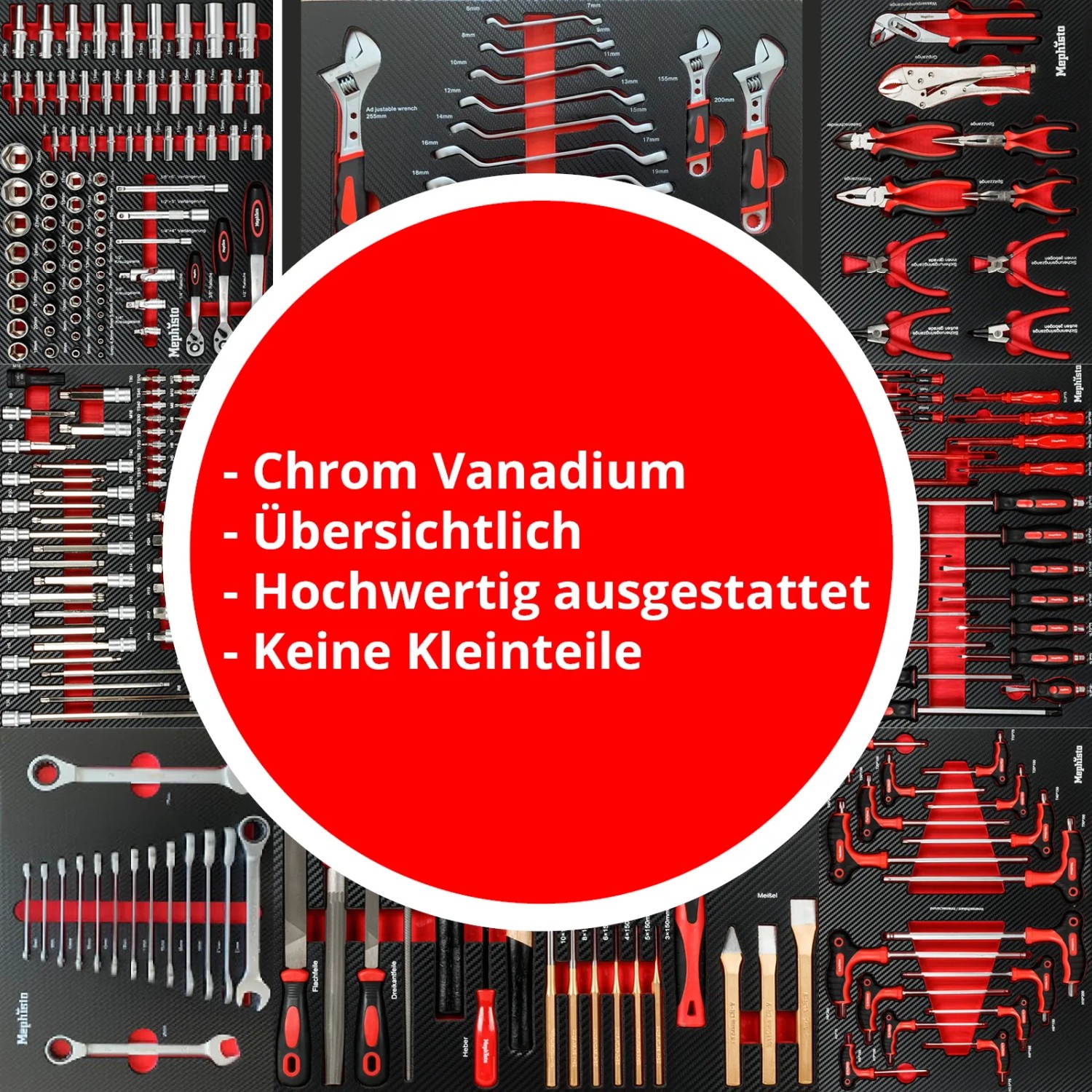 Werkzeugwagen Mephisto Premium: Schubladen mit Werkzeug aus Chrom Vanadium Stahl, sortiert im Werkstattwagen.