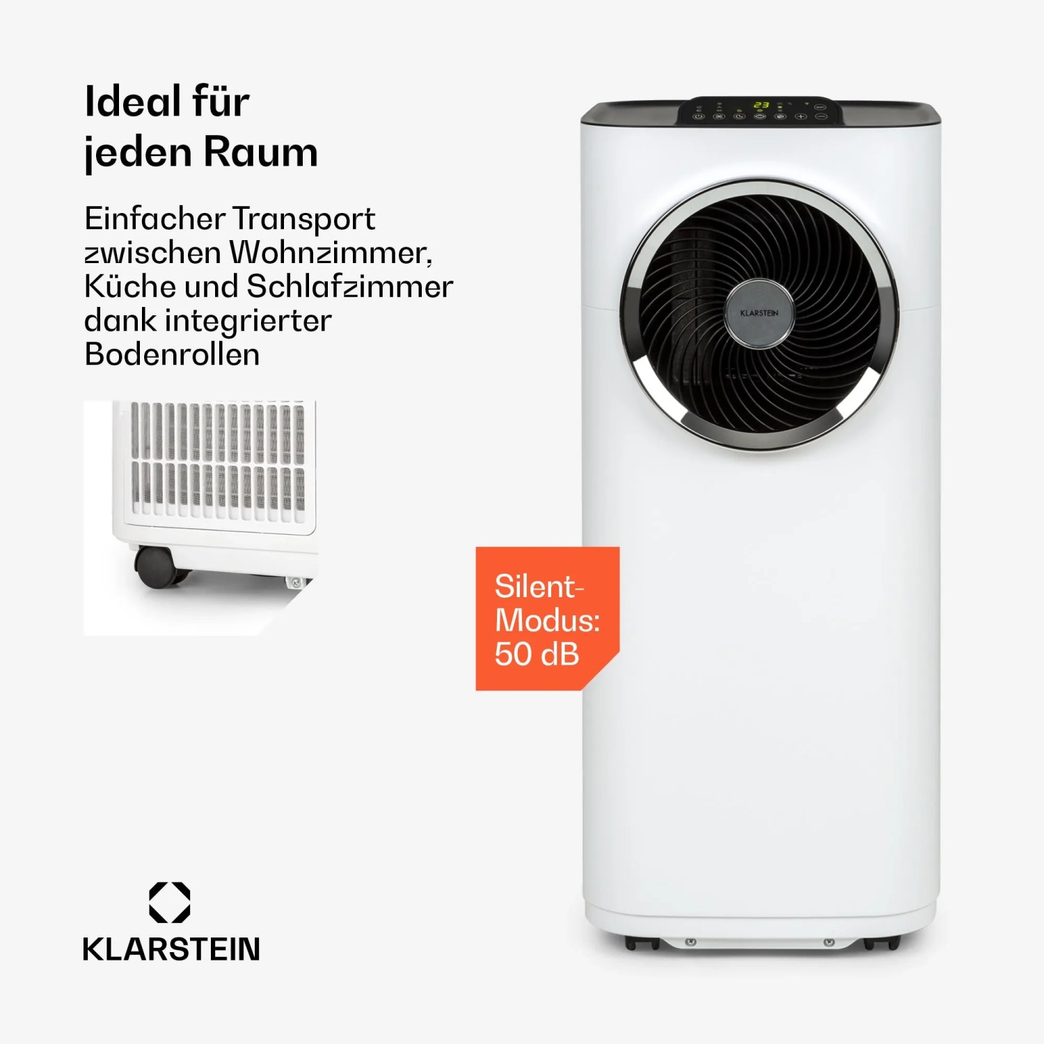 Weißes Klarstein Klimagerät Kraftwerk Smart 12K mit App-Steuerung und Rollen für einfachen Transport.