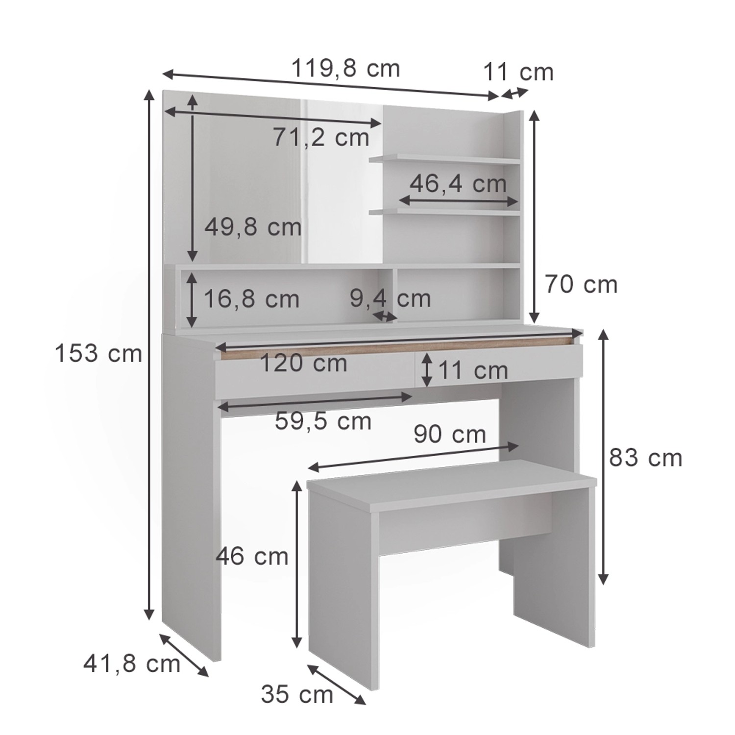 Thumbnail - Vicco Schminktisch Emma Weiß 120 cm mit Spiegelregal & Bank