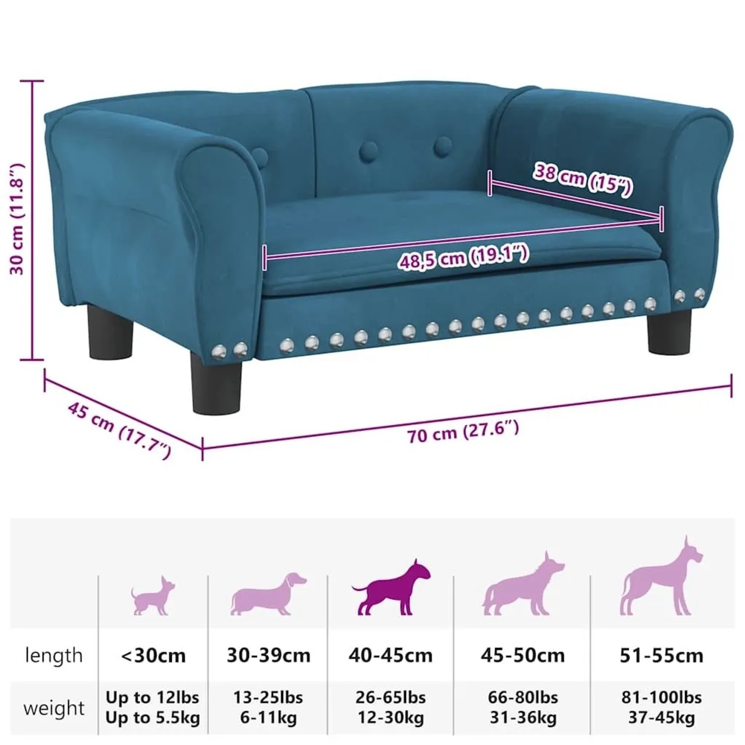vidaXL Hundebett Blau 70x45x30 cm Samt 171824_7