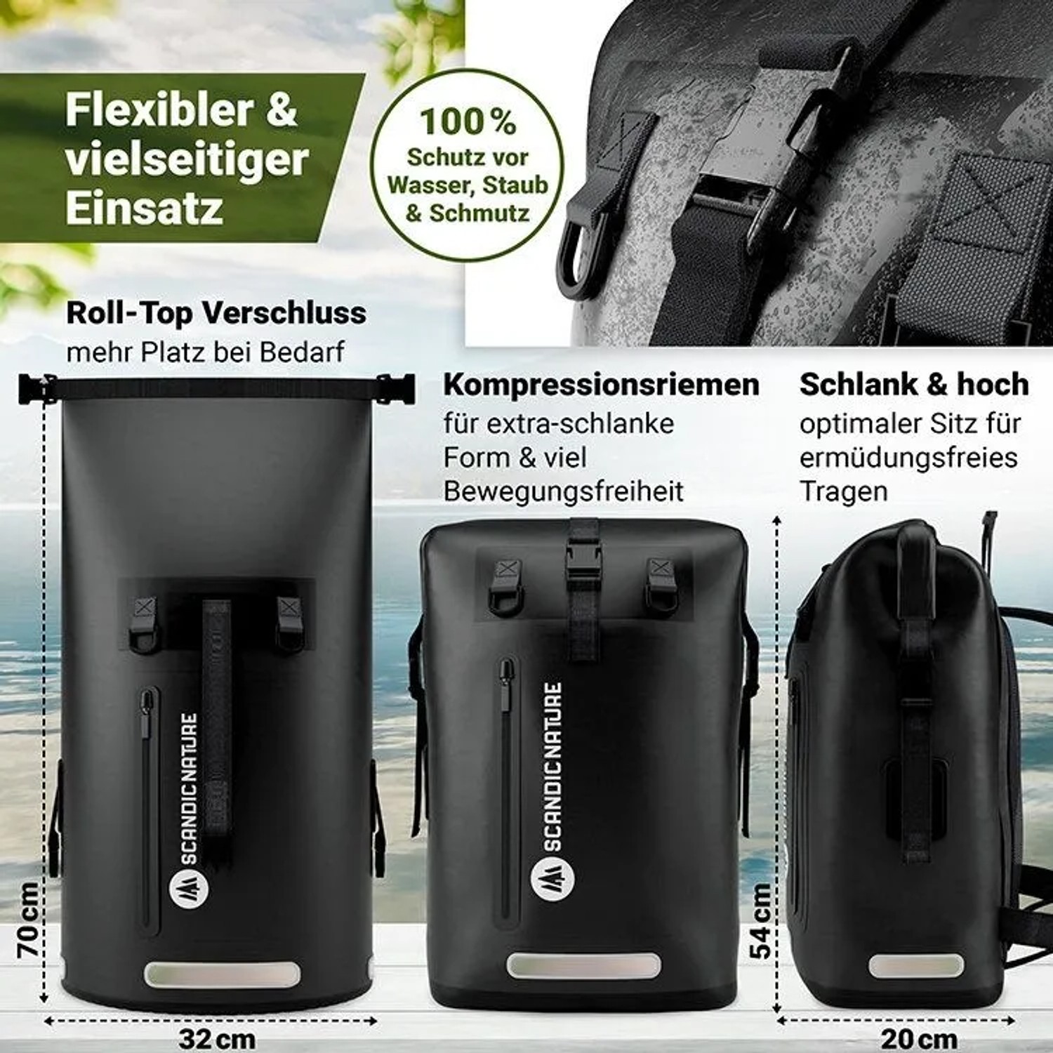 SCANDIC NATURE Rucksack Pioneer, 35L, schwarz, wasserdicht, mit Roll Top. Ideal für Outdoor, Wandern und Reisen.