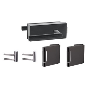 Beschlag-Set für Glasdrehtüren, quadratisch, Alpha, unverschließbar, matt schwarz, inklusive Drückerpaar und Bänder.