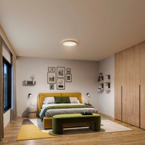 Runde Philips LED-Deckenleuchte Stylique in Holzoptik, 38 cm, leuchtet warmweißes Licht in modernem Schlafzimmer.